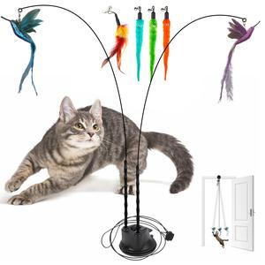 Gift for Pets, Interactive Cat Toy Set, 8 Counts/set Including 2 Cat Wands with Base and 6 Feather Replacement Heads with Bells, Fun and Exercise Modes for Indoor Cats