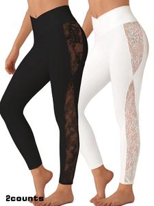 Women's Solid Contrast Lace High Waist Sports Leggings, Casual Comfy Breathable Skinny Pants for Yoga Gym Workout, Ladies Sportswear for All Seasons