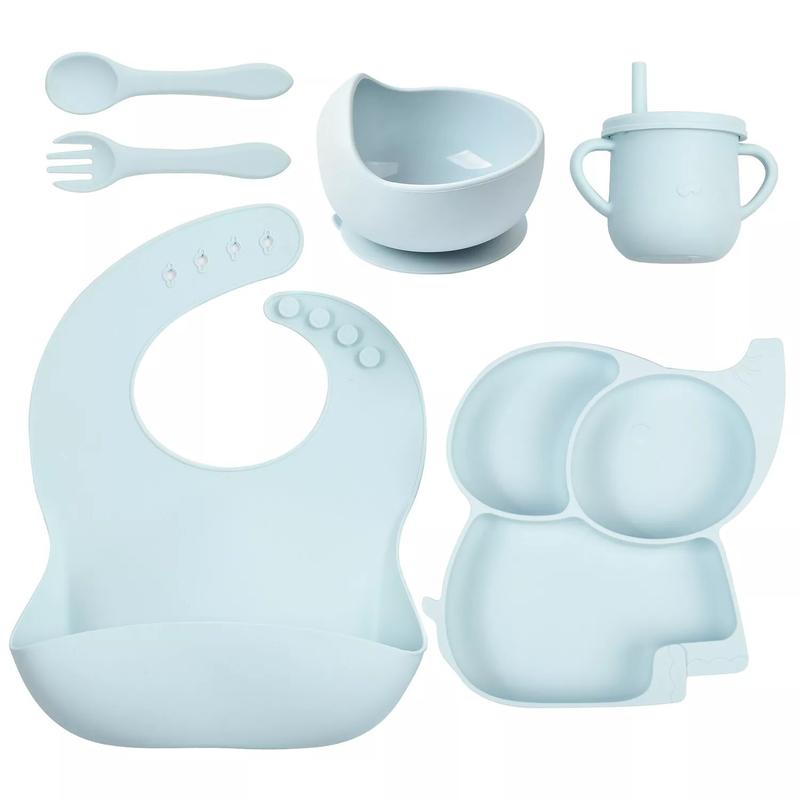 Baby Weaning Feeding Set Silicone Supplies with Plate Bowl Bib Spoon Fork Cup 6