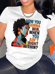 Women's Letter & African American Print Round Neck Tee, Fashion Casual Crew Neck T-shirt for Daily Holiday Vacation Outdoor Wear, Ladies Clothes for Summer, Womenswear, Streetwear, Tshirt, Funny Graphic Tees