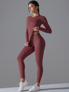 Women's Solid Long Sleeve Top & Leggings Tracksuit Set, Sporty Breathable Quick Drying Outfits for Yoga Gym Workout Running, Ladies Sportswear for Spring & Fall