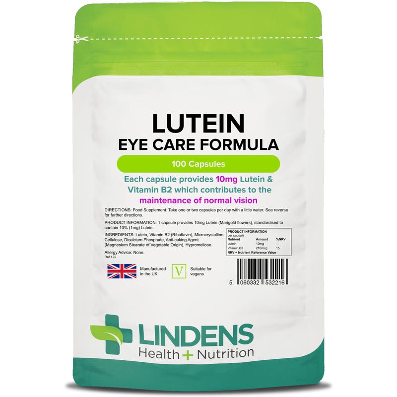 Lindens - Lutein 10mg, 100 Capsules - UK Made - Marigold Extract with Vitamin B2 - Vision & Eye Health, Standardised Potent Extract - Letterbox Friendly - Vegan - Fitness Dietary Natural Healthcare Bathroom Edible Supplement 0