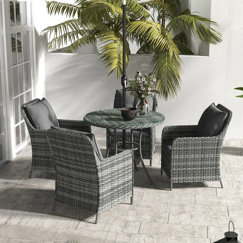 4 Seater Rattan Dining Set with Parasol & Cushions - Mixed Grey 7