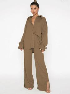 Women's Drawstring Cuff Long Sleeve Button Up Shirt & Split Wide Leg Pants, Holiday Outfits, Basic Tummy Flattering Casual Solid Button Down Blouse with Trousers Co-ord Sets, Co Ords for Women, Back To School, Office Outfits Women, Co-ord Sets, Suits