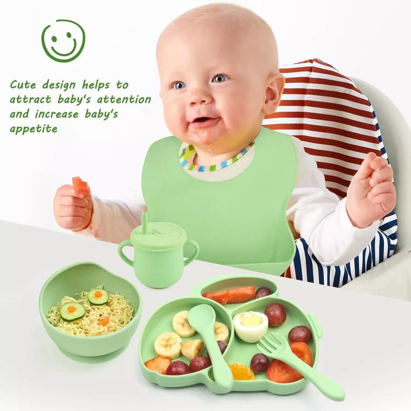 Baby Weaning Feeding Set Silicone Supplies with Plate Bowl Bib Spoon Fork Cup 2