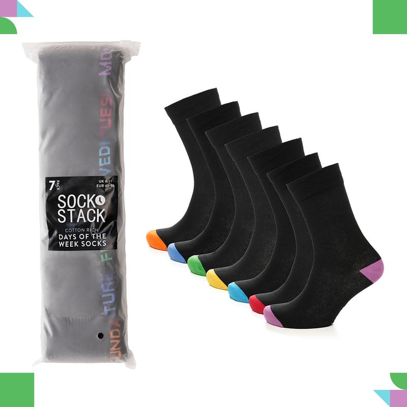 7 Pack Days Of The Week Cotton Rich Boys Girls Kids Men's Women's Socks Black with Multi Colour Heel and Toe Design By Sock Stack 5
