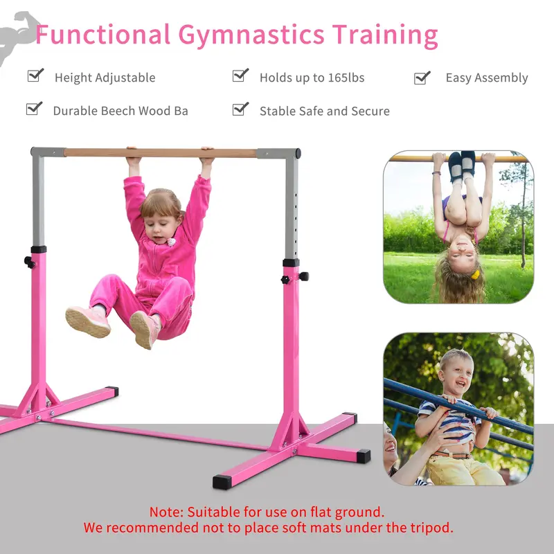 Steel Frame Adjustable Horizonal Gymnastics Bar for Kids Pink 7