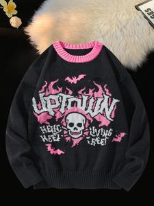 Men's Halloween Themed Skull & Letter Print Contrast Binding Sweater, Regular Fit Casual Long Sleeve Round Neck Jumper for Fall & Winter, Fashion Men's Knitwear for Daily Wear