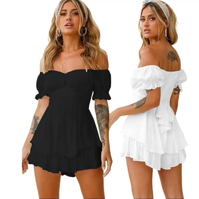 Women'S Jumpsuit Solid Color Fashion Sexy One-Shoulder Lantern Off-Shoulder Lotus Leaf Sleeve Casual Summer Women'S Shorts Skirt 0