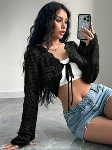 Women's Plain Hollow Out Fitted Sheer Flounce Sleeve Crop Cardigan, Casual Tie Front Long Sleeve Cardigan for Daily Wear, Ladies Clothes for All Seasons