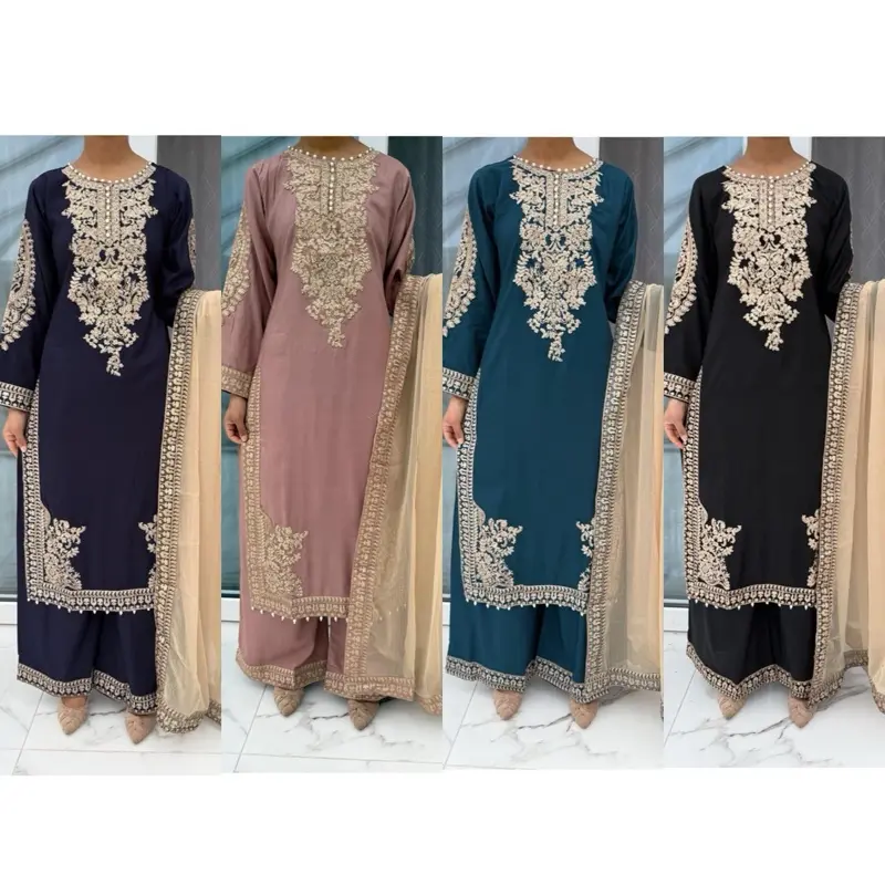 Embroidered linen kameez with embroidered chiffon dupatta and plazo - Womenswear