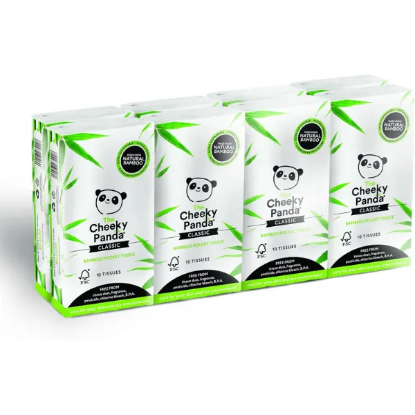 The Cheeky Panda Bamboo Pocket Tissues, 8 Pack of 10 Hypoallergenic Tissues, Ultra Soft, 3-Ply, White, Travel Size Cleaning Napkin 0