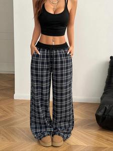 Women's Plaid Print Drawstring Waist Pants, Casual Comfy Trousers for Daily Wear, Ladies Bottoms for Summer