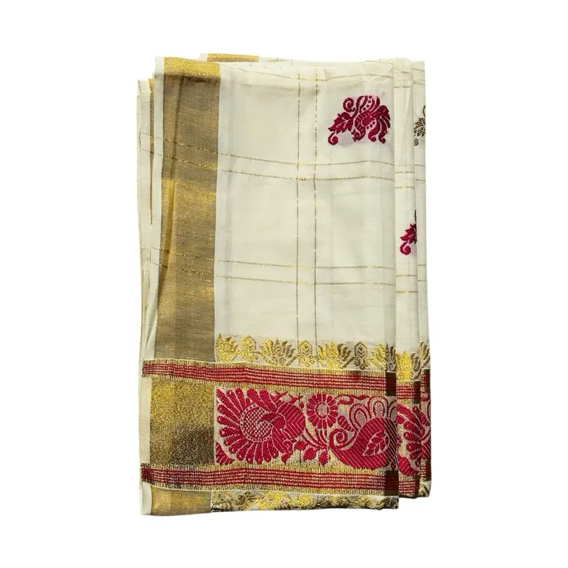 Red Border Embroidery Zari Saree for Women - Checked Cotton Body - Dress, Comfort, Casual, Summer, Womenswear