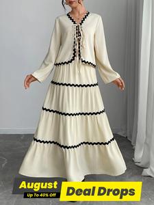 Women's Colorblock Tie Front Top & Skirt Two-piece Set, Lady Elegant Fashion Casual Chic Bishop Sleeve Top & Long Skirt for Daily Outdoor Wear, Going Out Sets, Casual Outfits Women, Minimalist Womenswear, Clothe Matching, Summer Clothes Set