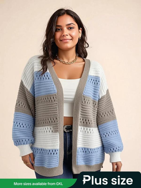 Plus Size Elegant Colorblock Casual Knit Cardigan Coat, Stylish Long ...