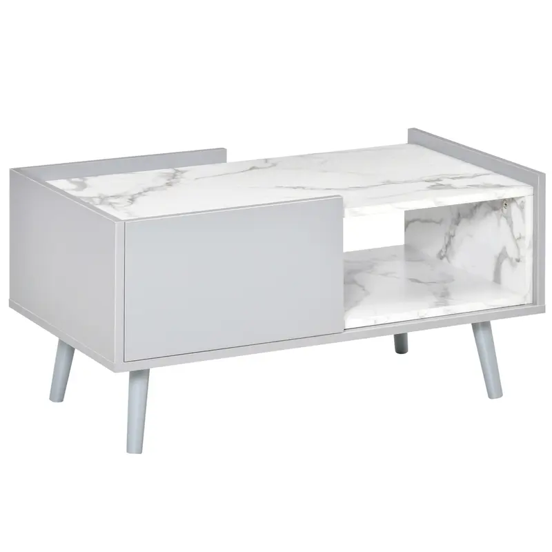 HOMCOM White Coffee Table with Faux Marble Top, 2-Tier Wood Center Table Sofa Table with Storage Drawer and Shelf for Home Living Room Reception Room 0