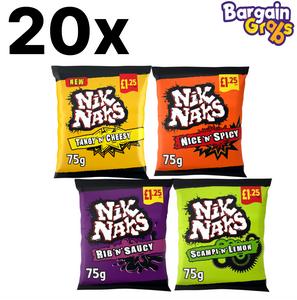 Nik Naks 75g Sharing Bags – 20 Packs Per Flavour | Tangy 'n' Cheesy / Nice 'n' Spicy / Rib 'n' Saucy / Scampi & Lemon Snack Cheese Crunchy Corn Crispy