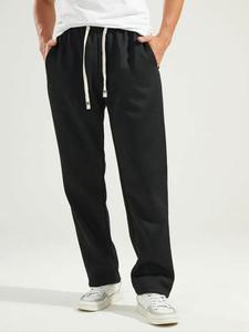 Men's Solid Color Drawstring Waist Straight Leg Pants, Loose Casual Comfy Pocket Trousers for Fall & Winter, Men's Bottoms for Daily Wear