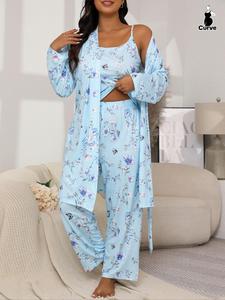 【Plus Size】 Floral Print Lounge Robe & Cami Top & Pants Pyjama Set, Casual Comfy Loungewear Set for Women, Women's Sleepwear for Spring & Fall, Soft Pajamas