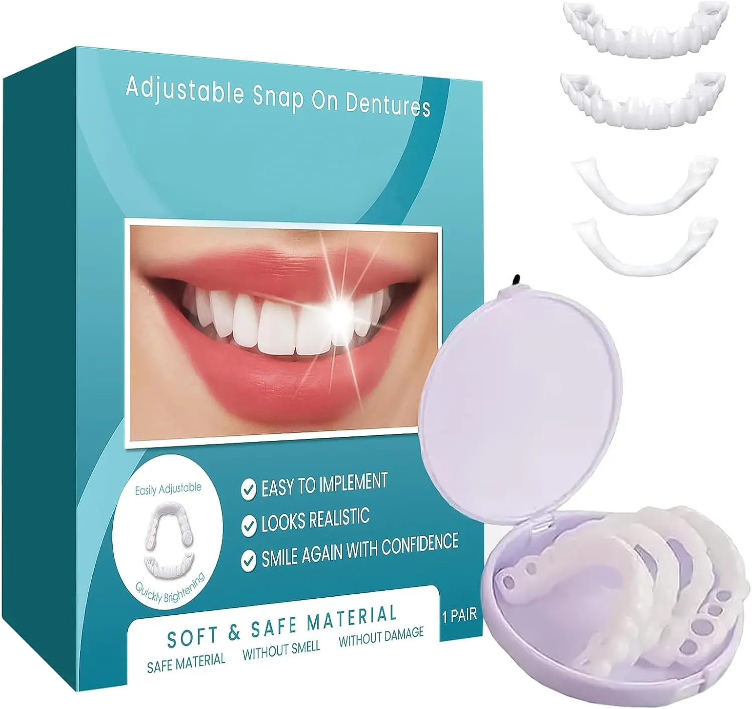 Clip in Veneers Teeth, 1 Pairs Veneers Teeth Fake Braces, Premium Silicone Top and Bottom Veneers Teeth Set, Veneers Teeth for Men Women