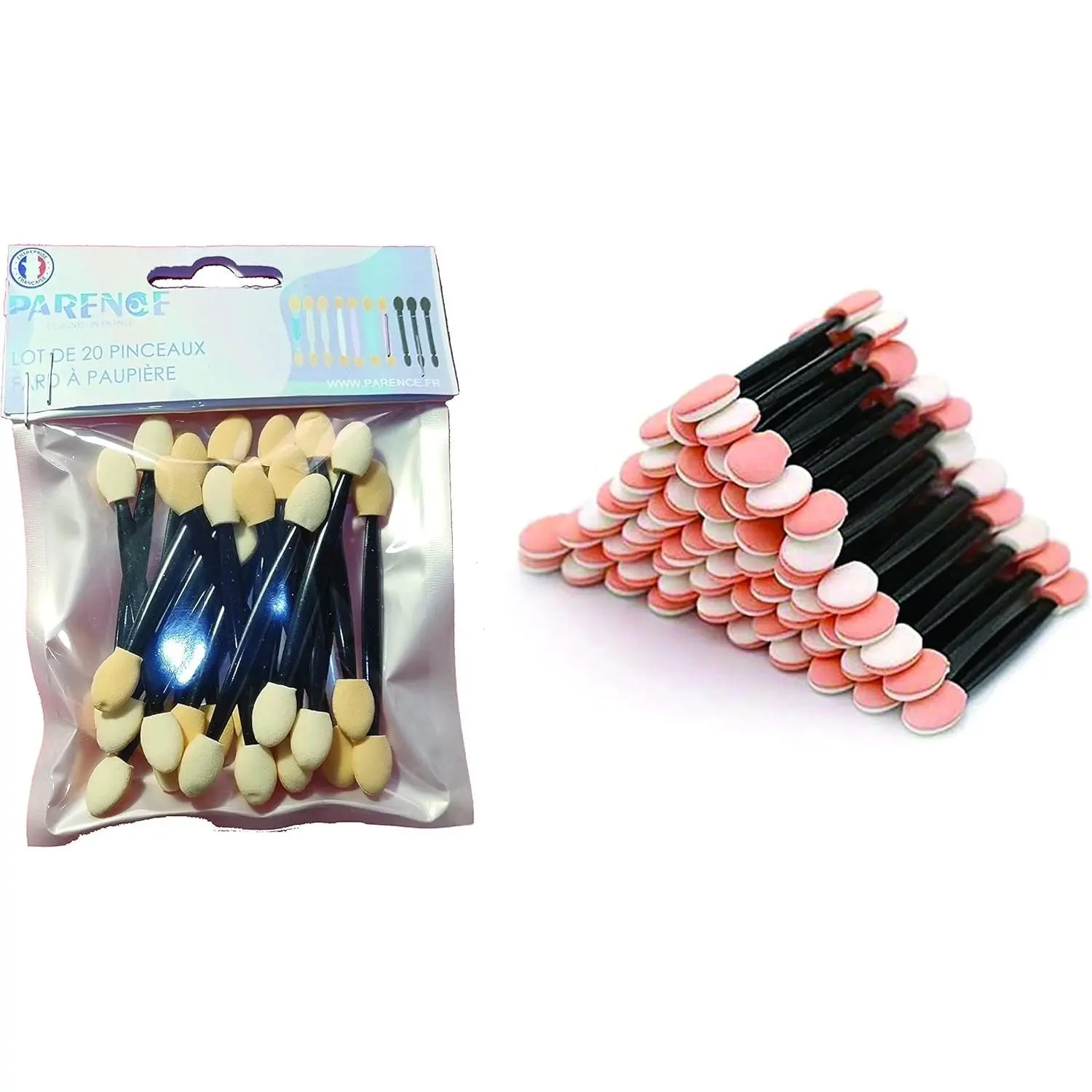 PARENCE - Pack of 20 Disposable Eyeshadow Brushes, Eye Shadow Makeup Tools, Double-Sided Sponge with Point, for Makeup Application 20 Brushes Black/Beige)