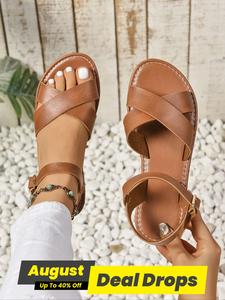 Women's Fashionable Plain Color Crossed Strap Flat Sandals, Casual Versatile Roman Sandals for Summer, Brown All-match Lightweight Breathable Comfortable Barefoot Shoes for Daily Wear, Girl Boho Lightweight Strappy Boho Style Sandal, Footwear