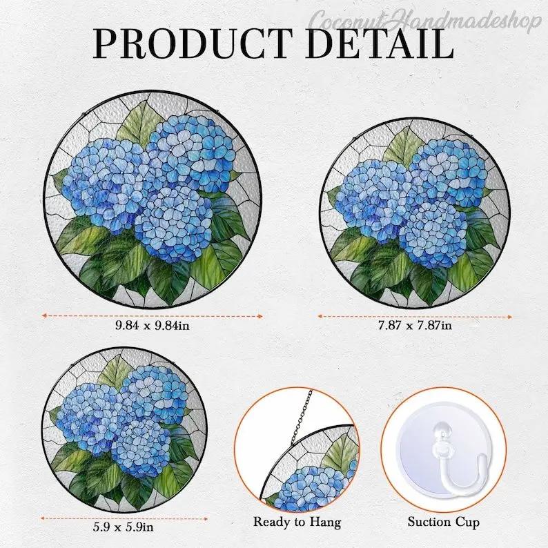 Hydrangea Flower Glass Suncatcher, Floral Hanging Window, Hydrangea Glass Ornament, Birth Month Flower Gift, Gift for Her, Mothers Gift 1
