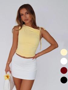 Women's Solid Color Tie Shoulder Crop Tank Top, Casual Fashion Sleeveless Top for Summer, Women's Clothing for Daily Wear