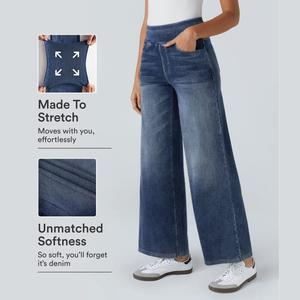 Halara Flex Women's High-Waisted Washed Baggy Wide-Leg Stretchy Knit Jeans with Multiple Pockets – Comfortable Casual Denim, Minimalist Design #tiktokshopmademebuyit #summer #dealdrops