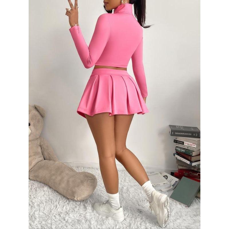 Women's Solid Zip Up Crop Jacket & High Waist Skirt Two-piece Set, Casual Fashion Cozy Two Piece Outfits for Daily Outdoor Wear, Women Clothes for Spring Fall 7