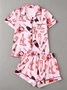 Women's All Over Print Shortsleeve Shirt & Shorts Pyjama Two-piece Set, Comfy Short Sleeve Collared Top & Shorts Pj Set, Ladies Sleepwear for All Seasons, Casual Lounge Sleep, Pajamas, Homewear, Womenswear, Loungewear
