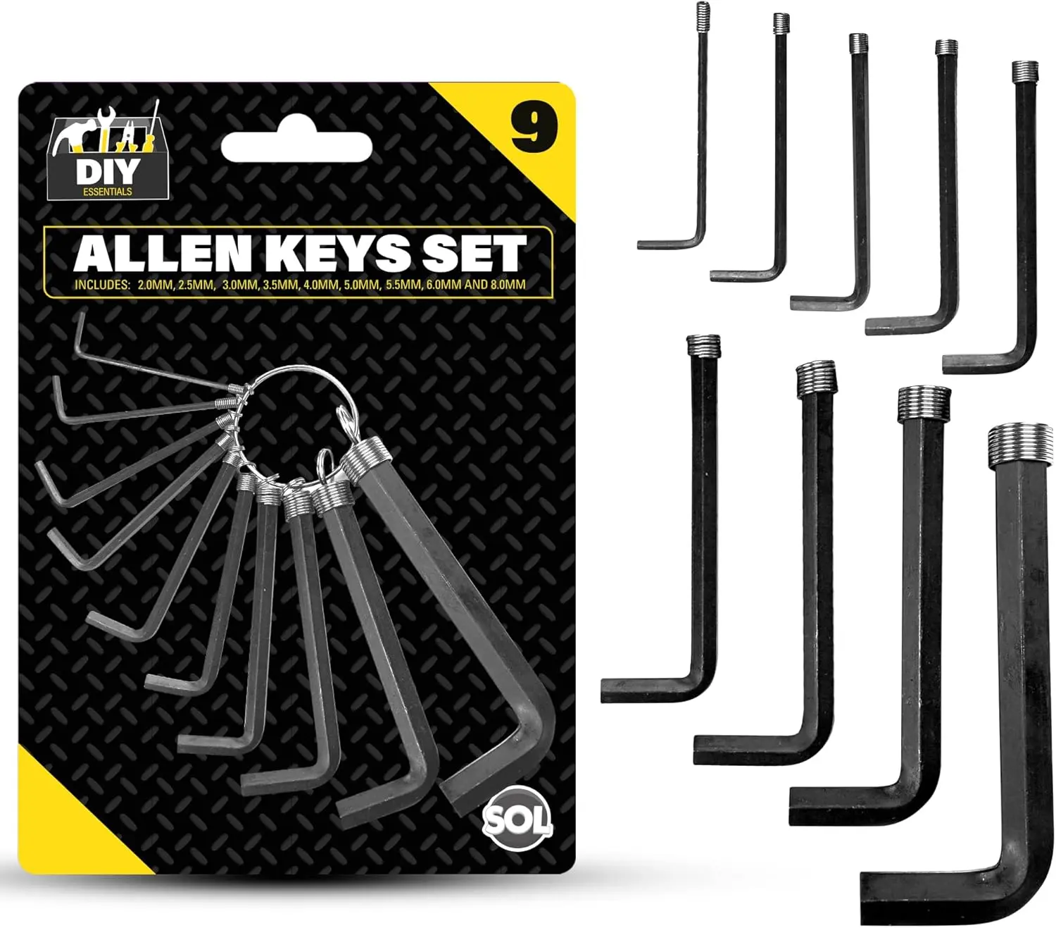 9pk Keys Set – Heavy-Duty Hex Key Set (2mm-8mm) – Metric L-Shaped Wrenches for DIY, Repairs, Furniture Assembly, Bicycles, Motorcycles, Automotive, Machinery, Engineering & Home Maintenance