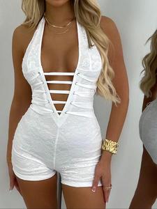 Women's Plain Lace Up Backless Halter Neck Romper, Lady Casual Sleeveless Lace Romper for Summer, Fashion Women's Clothes for Daily Wear, Sassyclassyclothing Valentine's Day, Clothes for Women, Womenswear, Summer Clothes