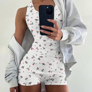 CHICME 2 Pieces Outfit Ditsy Floral Print U-Neck Tank Top and Elastic Waist Shorts Set Slim Fit Ribbed Set