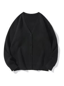 Men's Solid Button Front Drop Shoulder Cardigan, Loose Casual Long Sleeve V Neck Knitwear for Spring & Fall, Men's Knit Clothing for Daily Wear