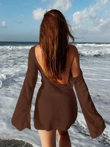 Women's Solid Color Backless Crochet Summer Swimming Cover Up Dress, Regular Fit Casual Comfy Long Sleeve Boat Neck Cover Up Dress for Beach Holiday Vacation, Ladies Clothes for All Seasons, Clothing, Beach Outdoor Wear, Swimwear Cover Up