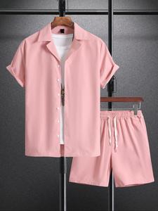 Two-piece Set Men's Solid Color Short Sleeve Shirt & Shorts, Casual Summer Clothes Set for Men, Men's Clothing for Beach Vacation, Shortsleeve Menswear Set, Formal Wear
