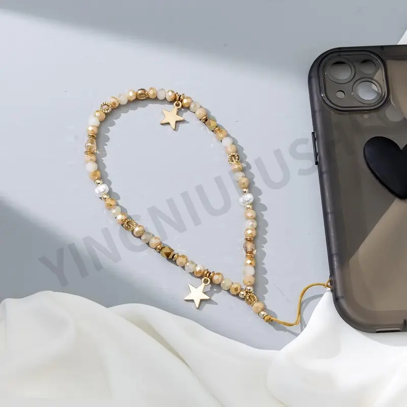 Anti-Lost Bead Phone Lanyard Wrist Strap,Trendy Crystal Bead Mobile Phone Chain Five-Pointed Star Phone Charm Strap Cellphone Hanging Cord Telephone Chain Keychain for Women Girls 2