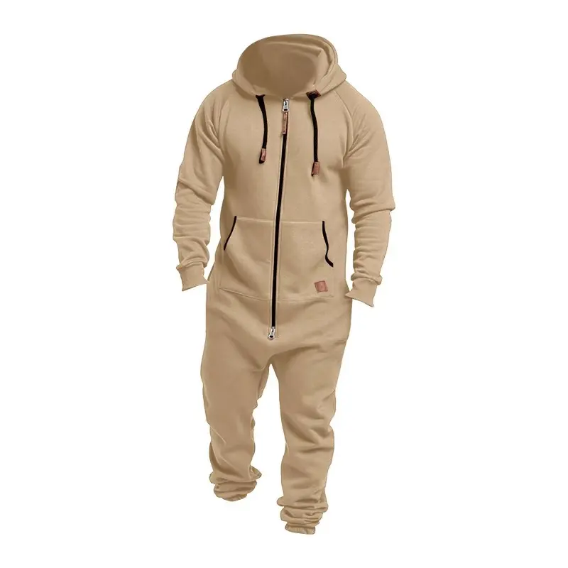 New foreign trade men's hooded fleece jumpsuit solid color casual men's suit jumpsuit 2