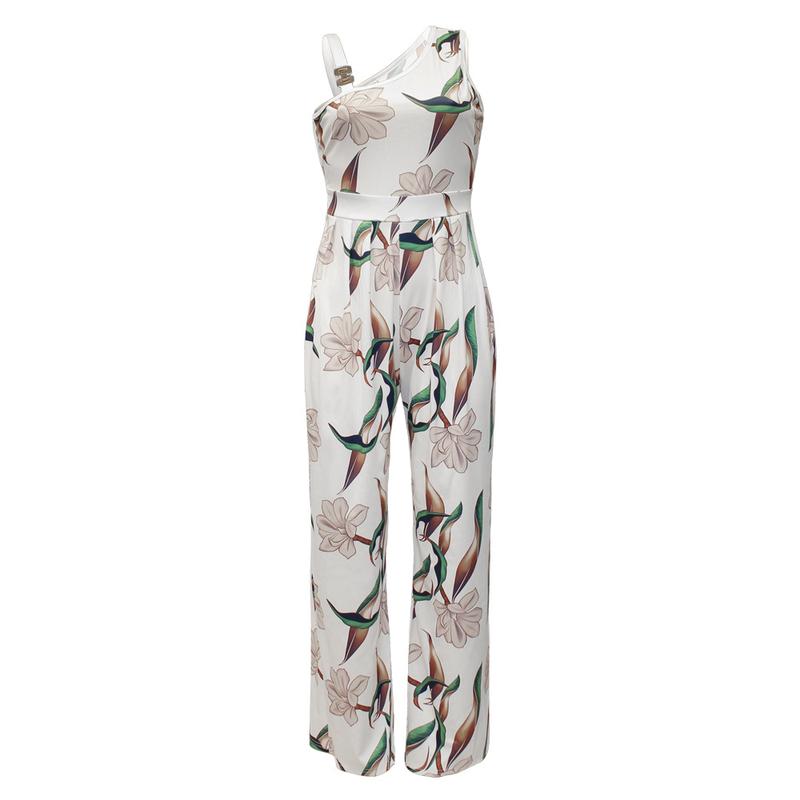 Women's Floral Print Ring Linked Asymmetrical Neck Plicated Jumpsuit, Boho Casual High Waist Wide Leg Jumpsuit for Summer, Summer Clothes 2025 1