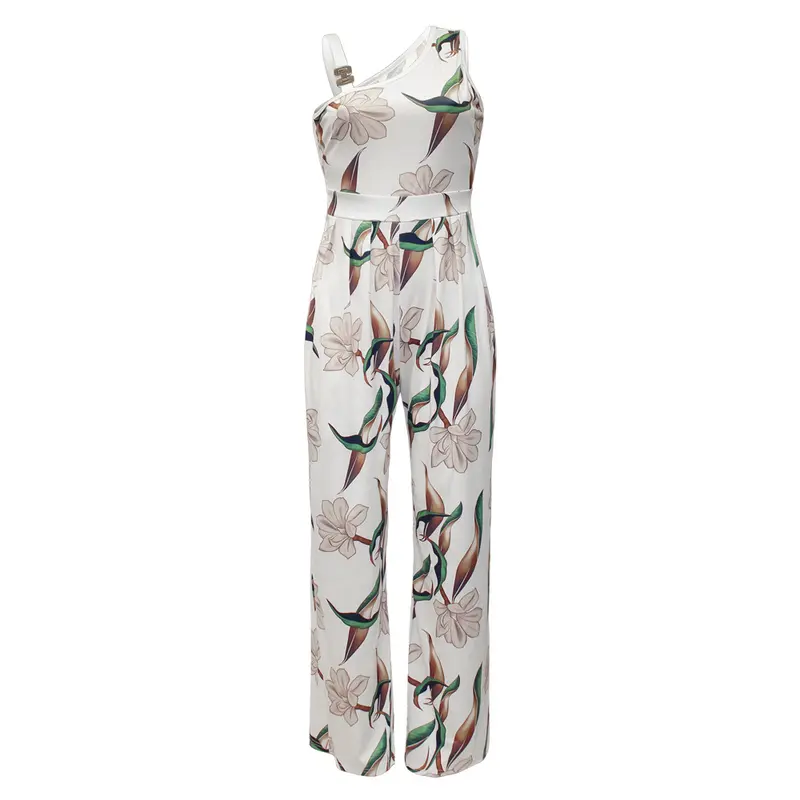 Women's Floral Print Ring Linked Asymmetrical Neck Plicated Jumpsuit, Boho Casual High Waist Wide Leg Jumpsuit for Summer, Summer Clothes 2025 1