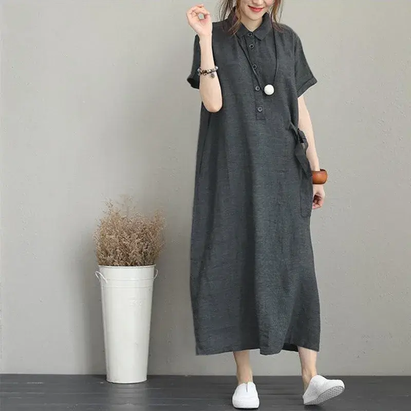 Cross-Border Joy Women's Summer New Short Sleeve Loose-Fit Pocket Solid Color Cotton Linen Lapel Casual Dress 2