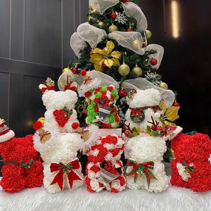 Christmas Themed Bear with Bowknot & Hat Decor, 1 Count Cute Simulated Rose Bear, Romantic Gift for Women & Girls, Party Decoration Supplies