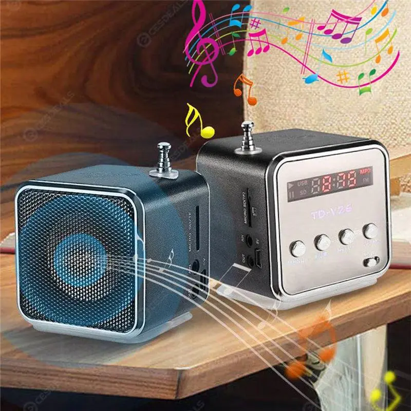 Portable TD-V26 Digital FM Radio Wireless Speaker Mini FM Radio Receiver LCD Display Stereo Loudspeaker Supports SD/TF Card - Audio, Aluminium speakers  bluetooth