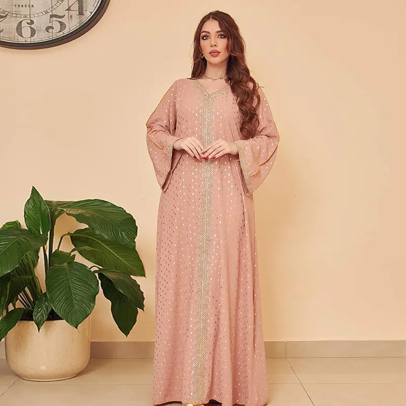 Muslim Abaya Gold Embossed Simple Lace Slim Fit Dubai Women's Dress 5