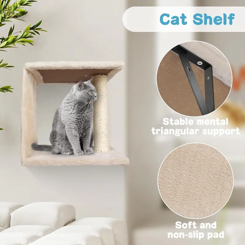 Cat Wall Furniture, 4 in 1 Cat Tree Tower Scratching Posts, Indoor Cats Climbing Frame with Cats Hammock, Hanging Ball Toy, Kitten Wall Shelves for Indoor - Beige 3
