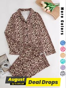 Women's Leopard Print Button Front Pocket Longsleeves Lapel Shirt & Elastic Waist Pants Pyjama Two-piece Set, Women's Sleepwear for Spring & Fall, Pajamas, Womenswear, Loungewear, Long Sleeve Homewear, Matching Pajamas, Cozy Loungewear