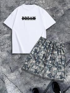 Two-Piece Set Men's Letter Print Short Sleeve Tee & Camo Print Shorts, Loose Crew Neck T-Shirt & Track Shorts, Casual Summer Clothes Set for Outdoor