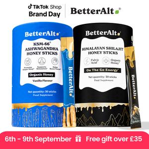 BetterAlt Stress Support Duo | GOLD+ Shilajit & Ashwagandha Honey Sticks | 60 Honey Packs | Food Supplement